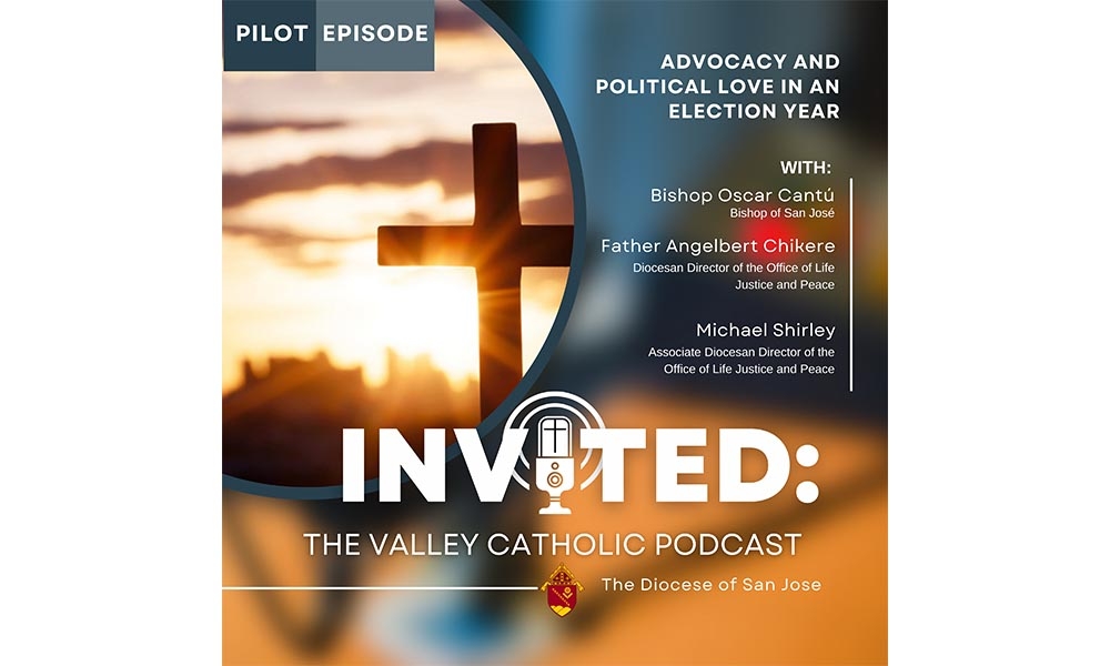 Podcast cover featuring a cross and a city silhouetted by sun rays in background