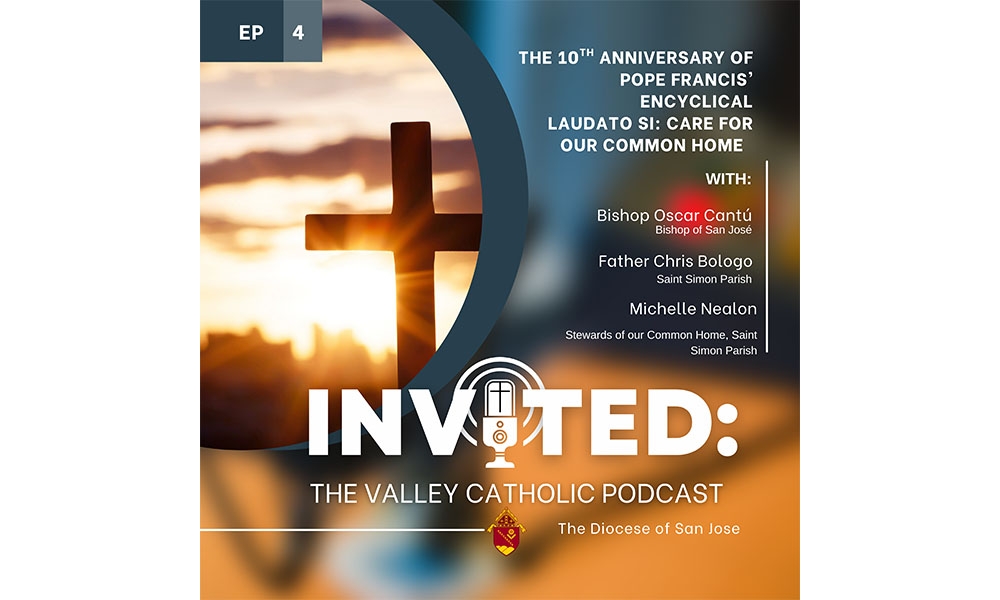 Podcast cover ep 4 featuring a cross and a city silhouetted by sun rays in background