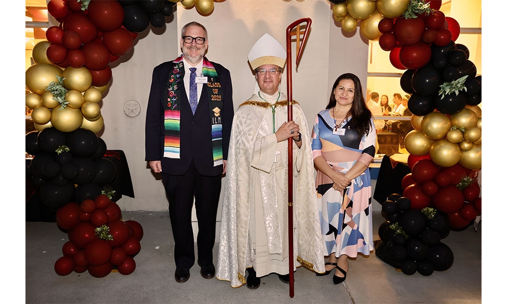 Mike, Bishop Cantú, Claudia under balloon arch