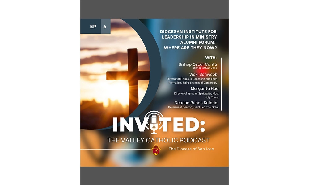 Podcast cover featuring a cross and a city silhouetted by sun rays in background