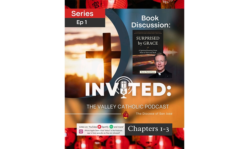 Podcast cover with Father Kevin and Book Cover