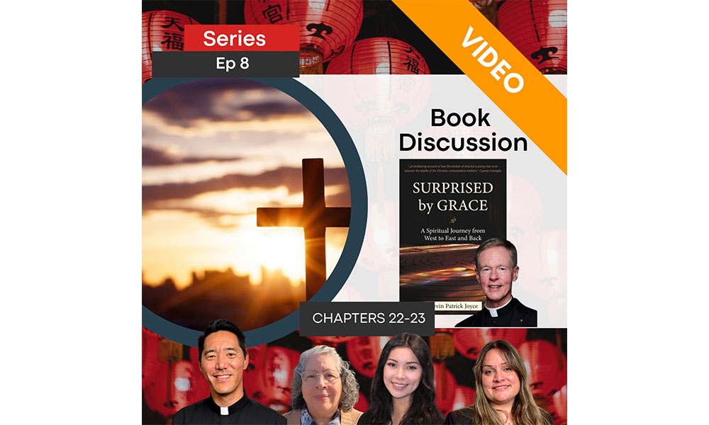 Podcast cover with Father Kevin, Book Cover, Hosts, and Guests