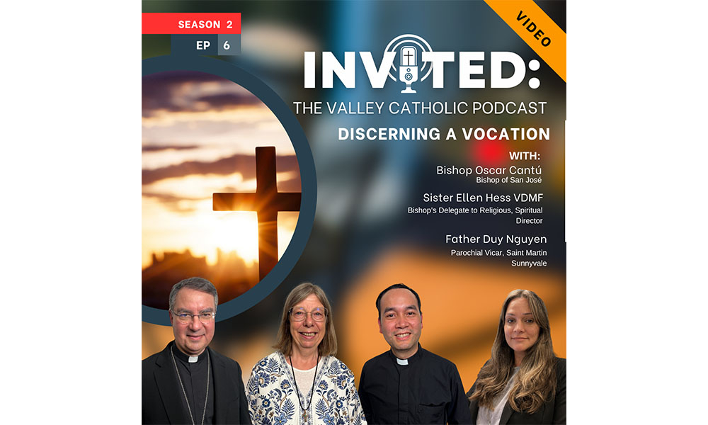 Podcast cover with four participants and cross and sunset