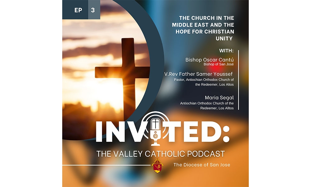 Sun rising behind a cross and podcast title "Invited" with description